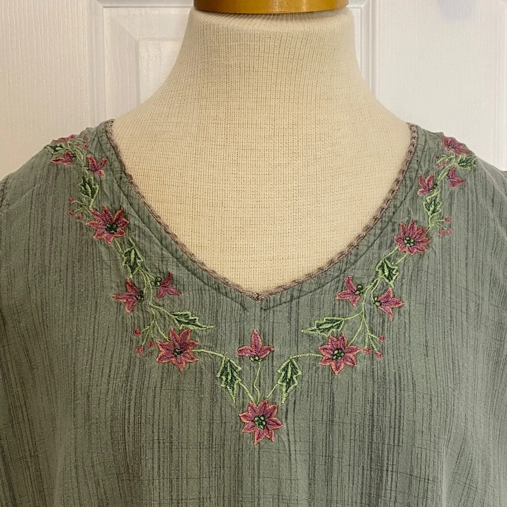 Vintage April Cornell Sage Cotton Embroidered Maxi Dress Cottagecore L - Picture 5 of 15